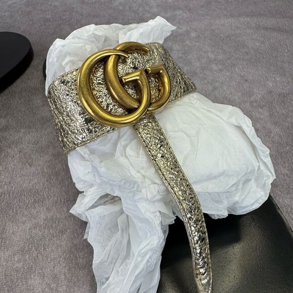 Gucci Crinkled Metallic Gg Marmont Leather Thongs 39.5 - Picture 5 of 13